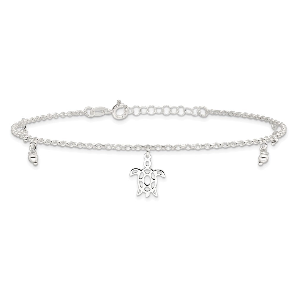 Sterling Silver Turtle and Beads 9 inch Plus 1 inch Extender - Total 10 inch Anklet