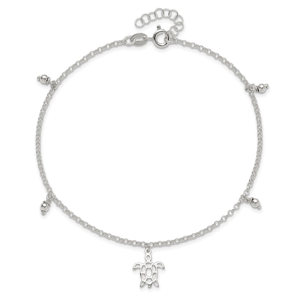 Sterling Silver Turtle and Beads 9 inch Plus 1 inch Extender - Total 10 inch Anklet