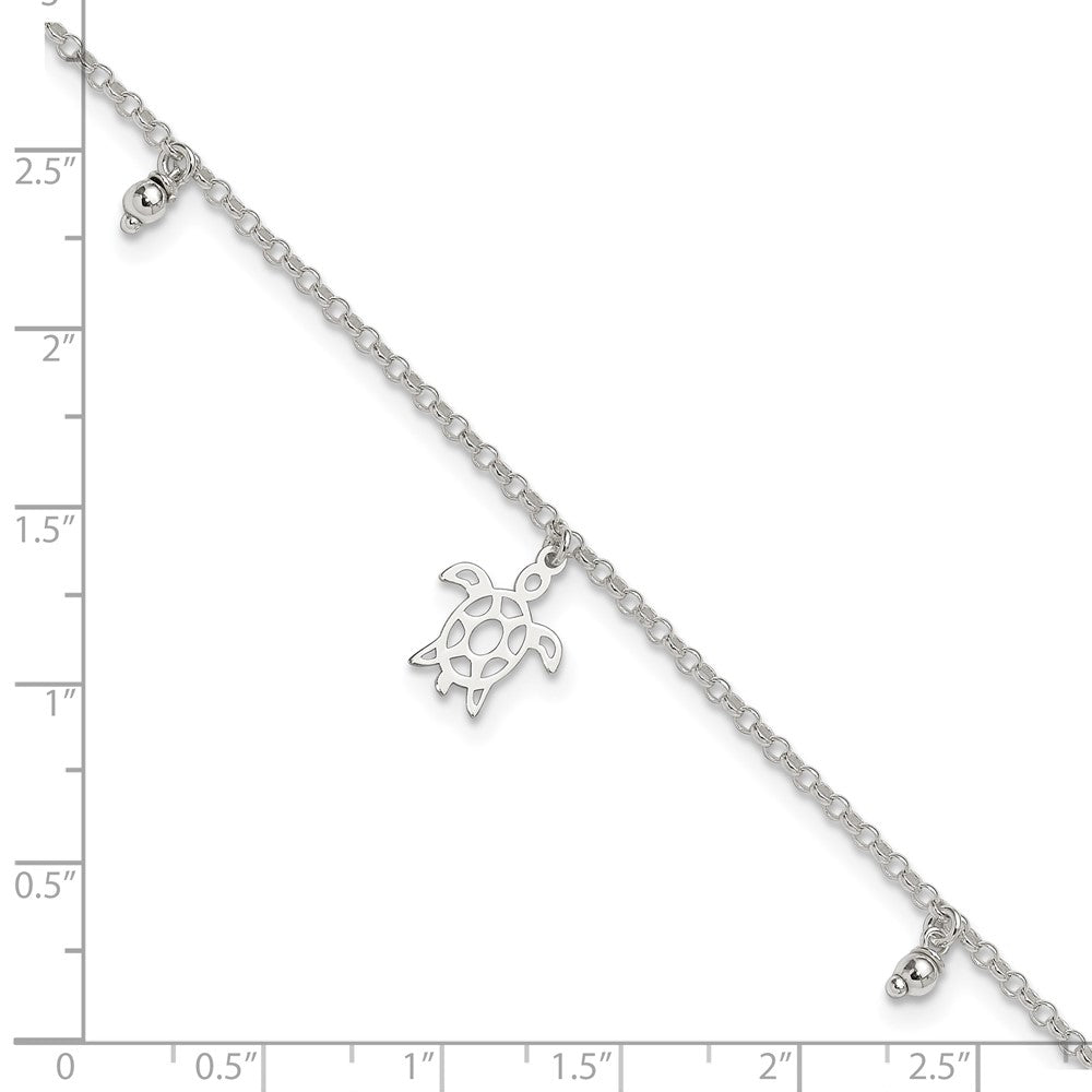 Sterling Silver Turtle and Beads 9 inch Plus 1 inch Extender - Total 10 inch Anklet