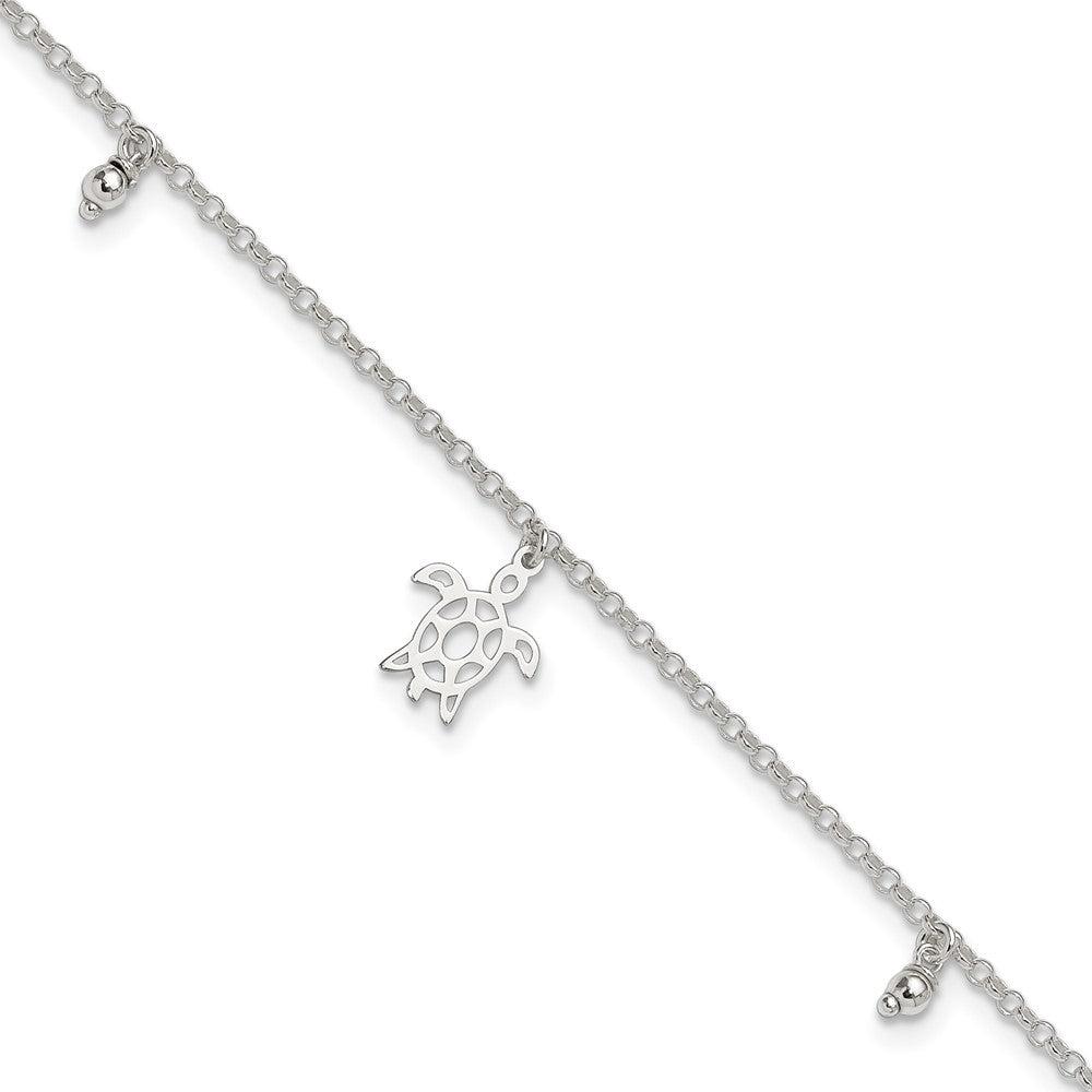 Sterling Silver Turtle and Beads 9 inch Plus 1 inch Extender - Total 10 inch Anklet