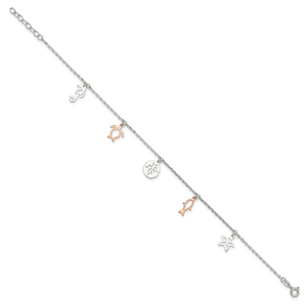 Sterling Silver Rose-tone Seashore Charms 9 inch Plus 1 inch Extender - Total 10 inch Anklet