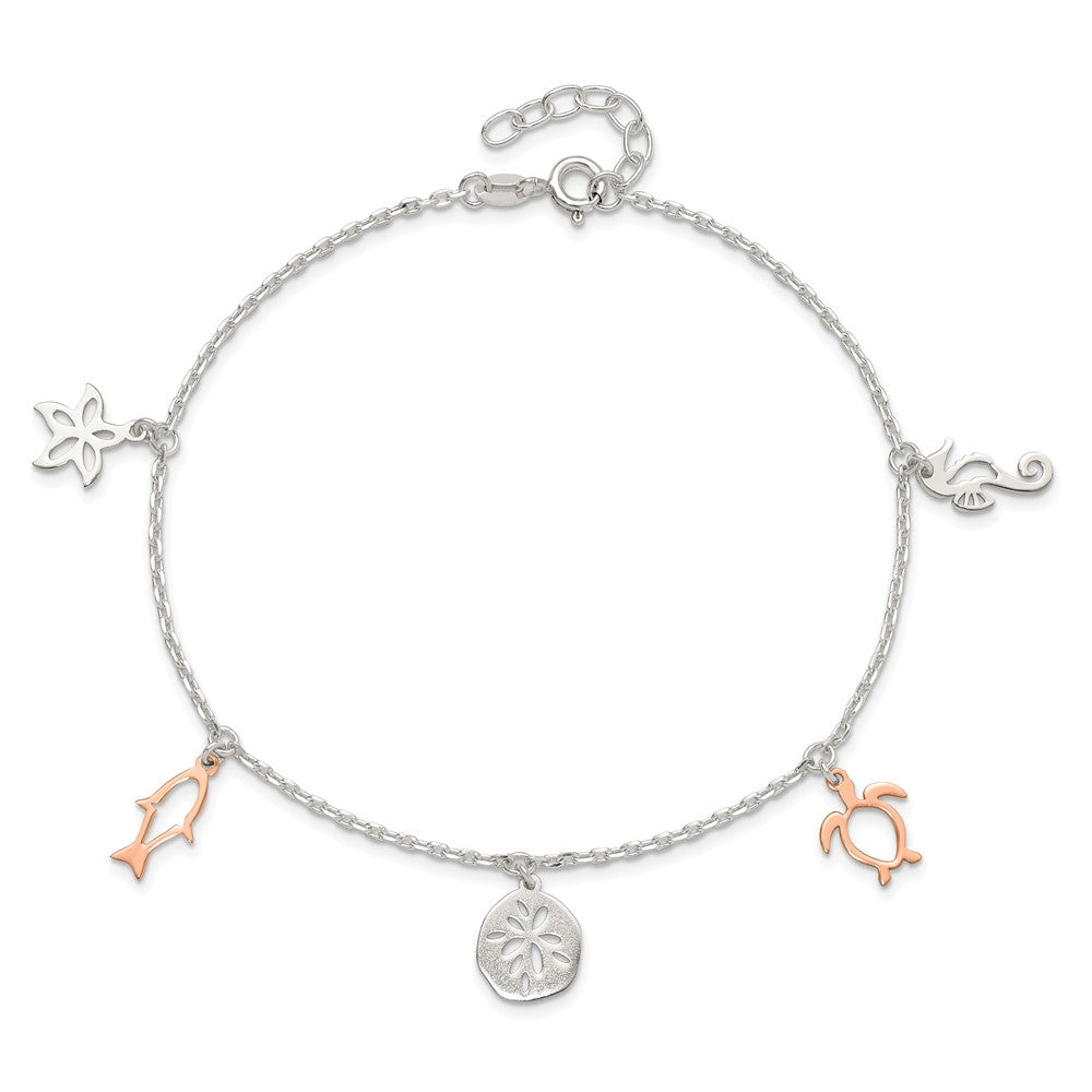 Sterling Silver Rose-tone Seashore Charms 9 inch Plus 1 inch Extender - Total 10 inch Anklet