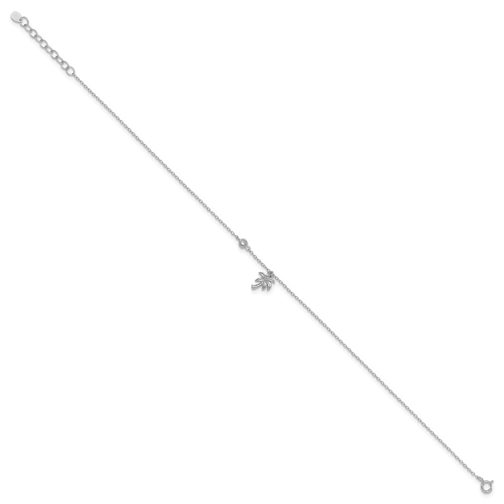 Sterling Silver Rhodium-plated CZ / Palm Tree 9 inch Plus 1 inch Extender  - Total 10 inch Anklet