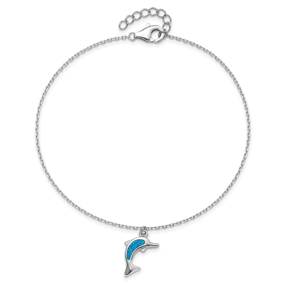 Sterling Silver Rhodium-plated Created Opal Dolphin 9 inch Plus 1 inch Extender - Total 10 inch Anklet