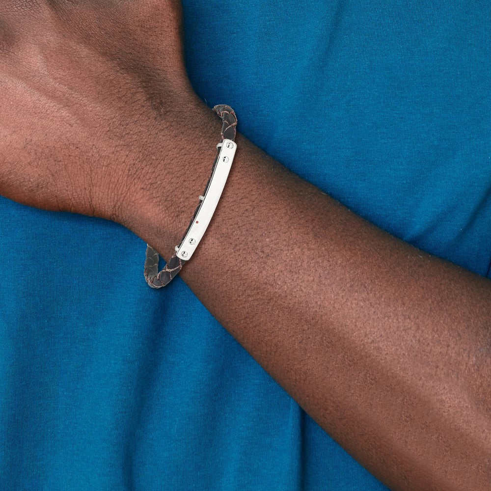 Sterling Silver Genuine Leather ID 8in Toggle Bracelet