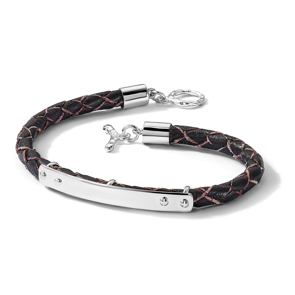 Sterling Silver Genuine Leather ID 8in Toggle Bracelet