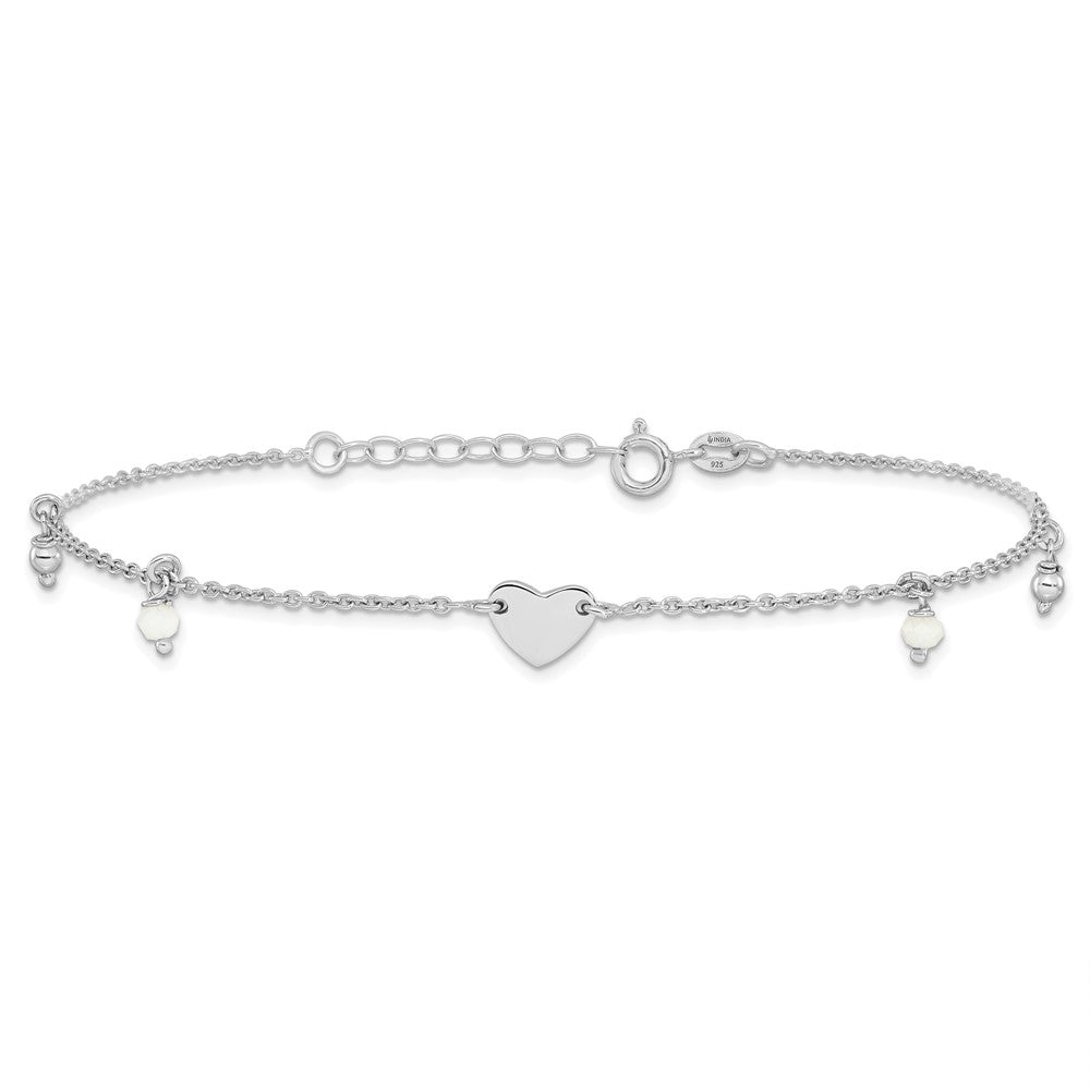 Sterling Silver Rhodium-plated Heart/Glass Beads 9 inch Plus 1 inch Extender - Total 10 inch Anklet