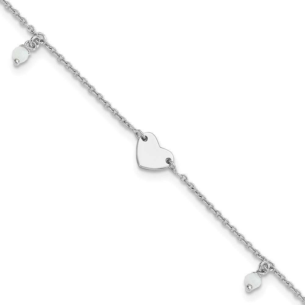 Sterling Silver Rhodium-plated Heart/Glass Beads 9 inch Plus 1 inch Extender - Total 10 inch Anklet