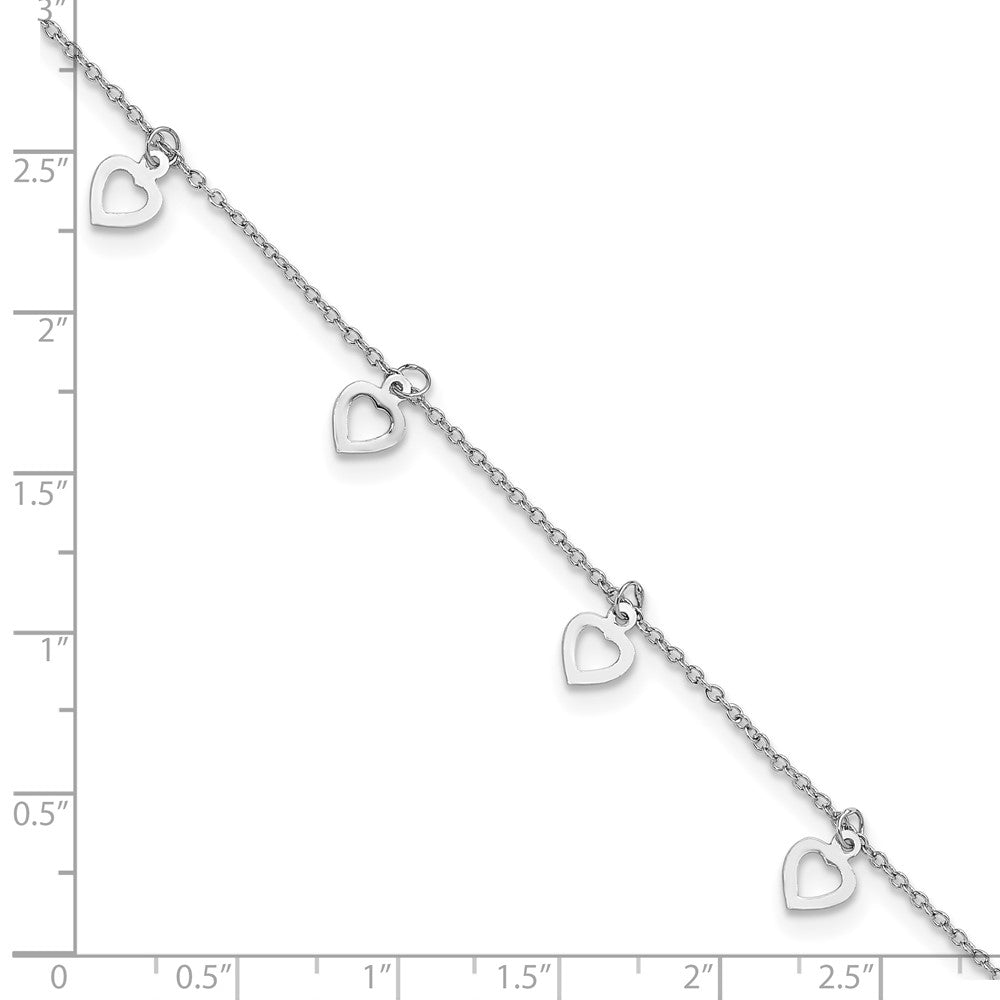 Sterling Silver Rhodium-plated Heart Charms 9.5 inch Plus 1 inch Extender - Total 10.5 inch Anklet