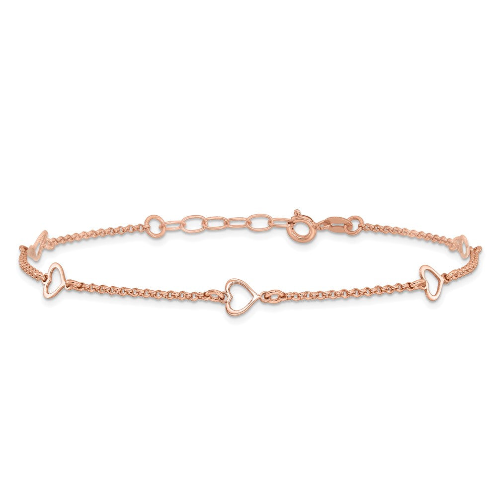 Sterling Silver Rose-tone Hearts 9 inch Plus 1 inch Extender - Total 10 inch Anklet
