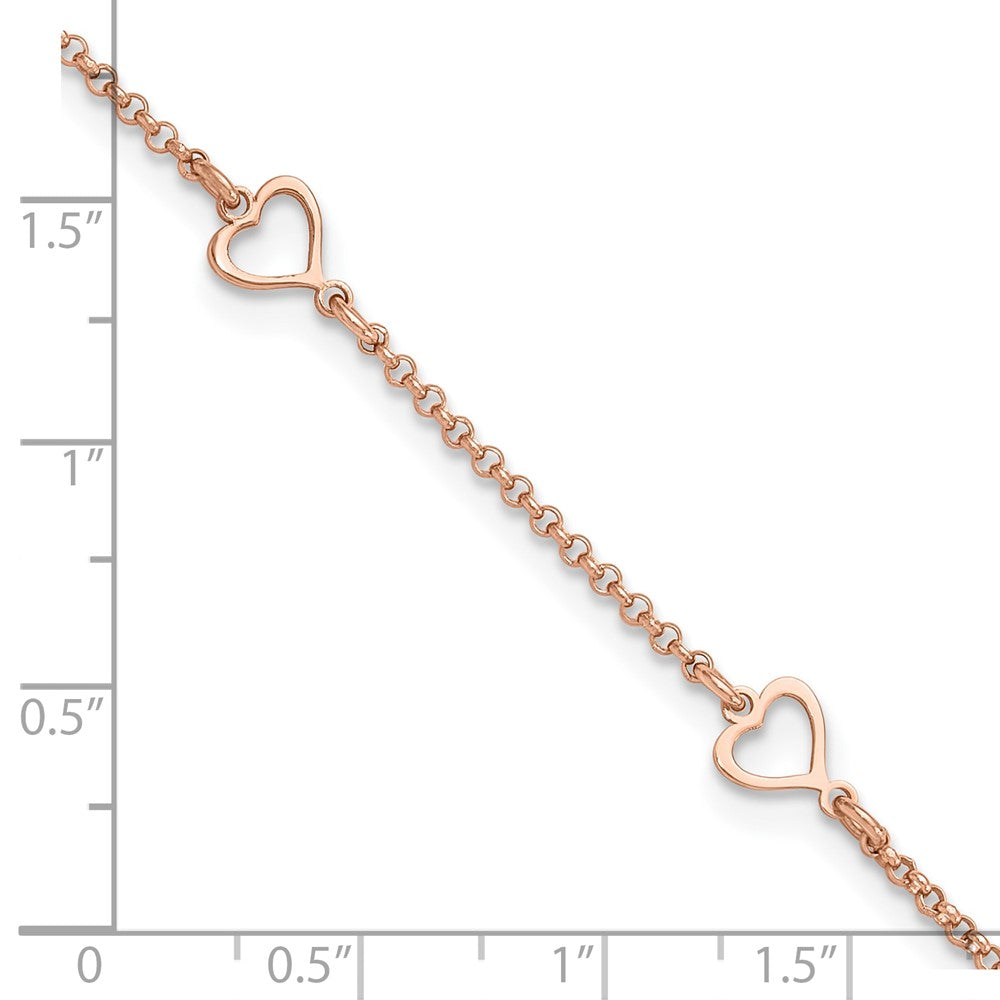 Sterling Silver Rose-tone Hearts 9 inch Plus 1 inch Extender - Total 10 inch Anklet