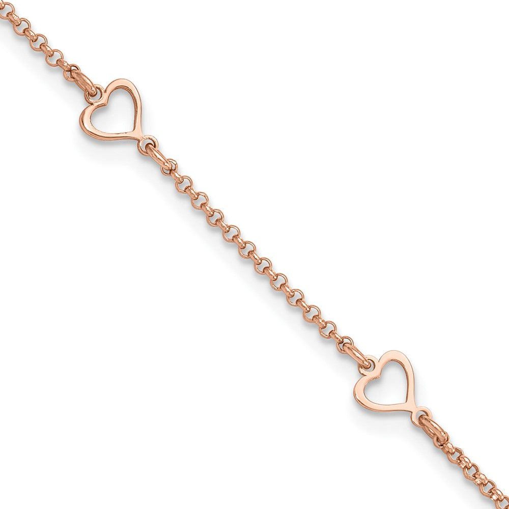 Sterling Silver Rose-tone Hearts 9 inch Plus 1 inch Extender - Total 10 inch Anklet