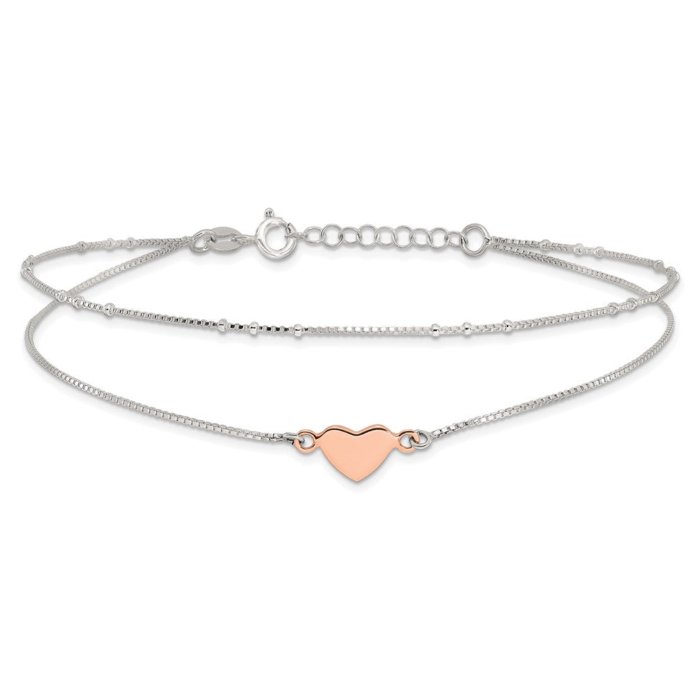 Sterling Silver Rose-tone Heart 2-Strand 9 inch Plus 1 inch Extender - Total 10 inch Anklet