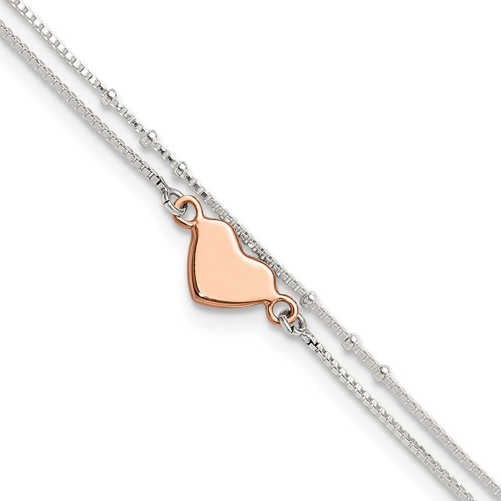 Sterling Silver Rose-tone Heart 2-Strand 9 inch Plus 1 inch Extender - Total 10 inch Anklet