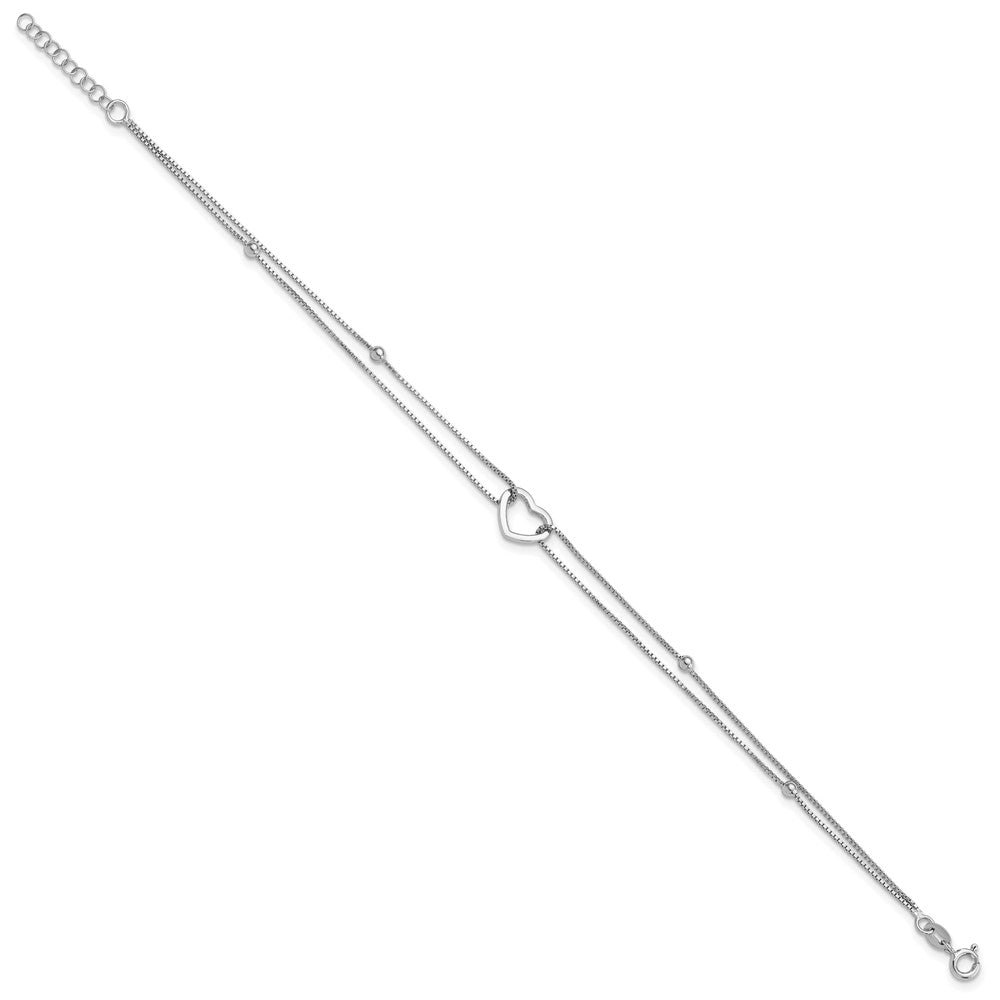Sterling Silver Rhodium-plated Heart/Bead 2-Strand 9 inch Plus 1 inch Extender - Total 10 inch Anklet