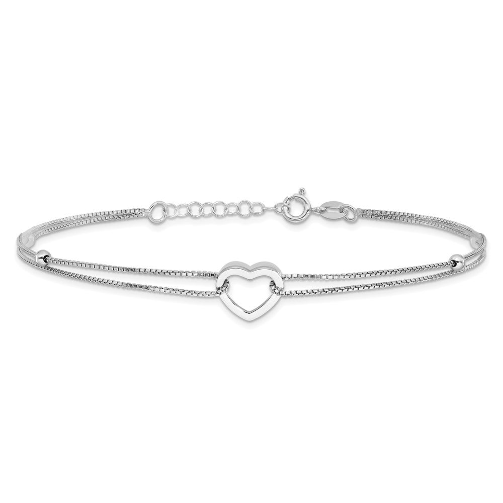 Sterling Silver Rhodium-plated Heart/Bead 2-Strand 9 inch Plus 1 inch Extender - Total 10 inch Anklet