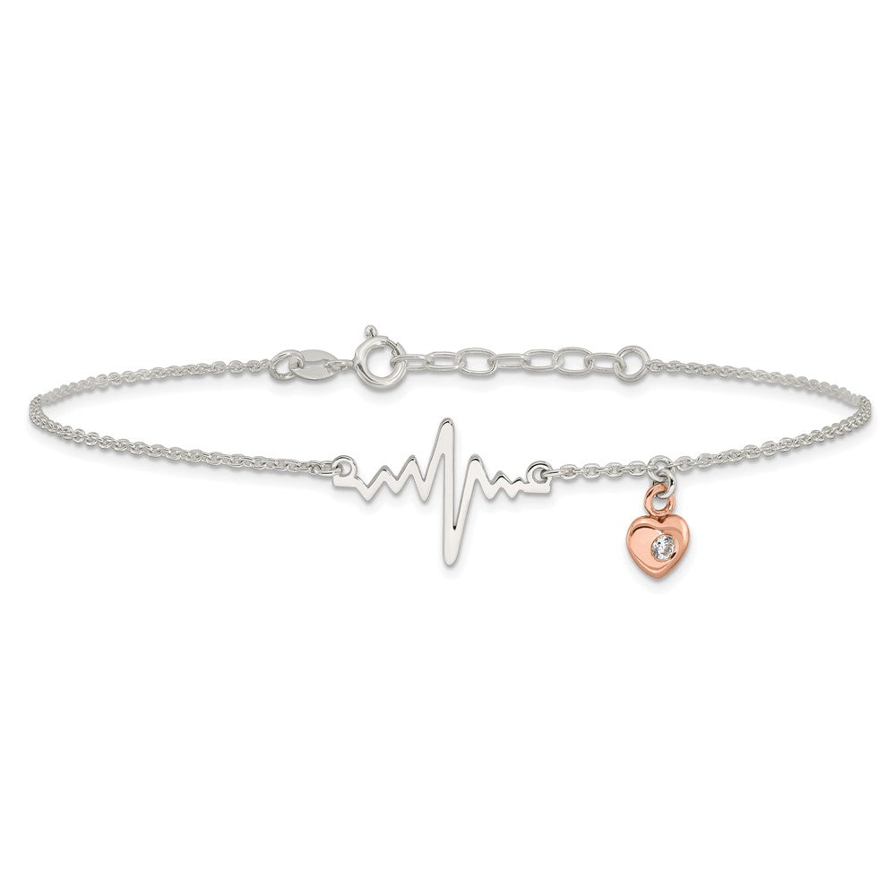 Sterling Silver Rose-tone CZ Heart and Heartbeat 9 inch Plus 1 inch Extender - Total 10 inch Anklet