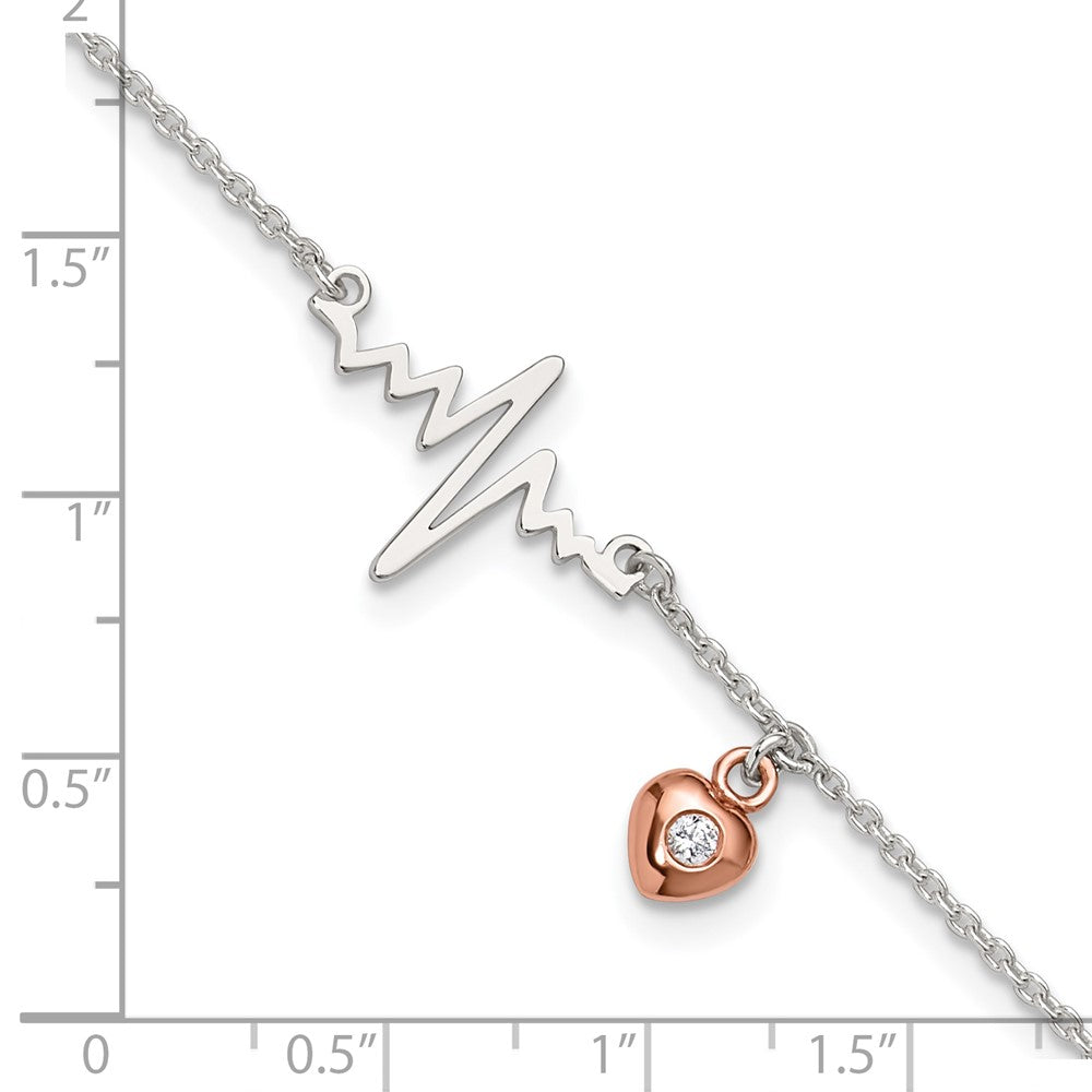 Sterling Silver Rose-tone CZ Heart and Heartbeat 9 inch Plus 1 inch Extender - Total 10 inch Anklet