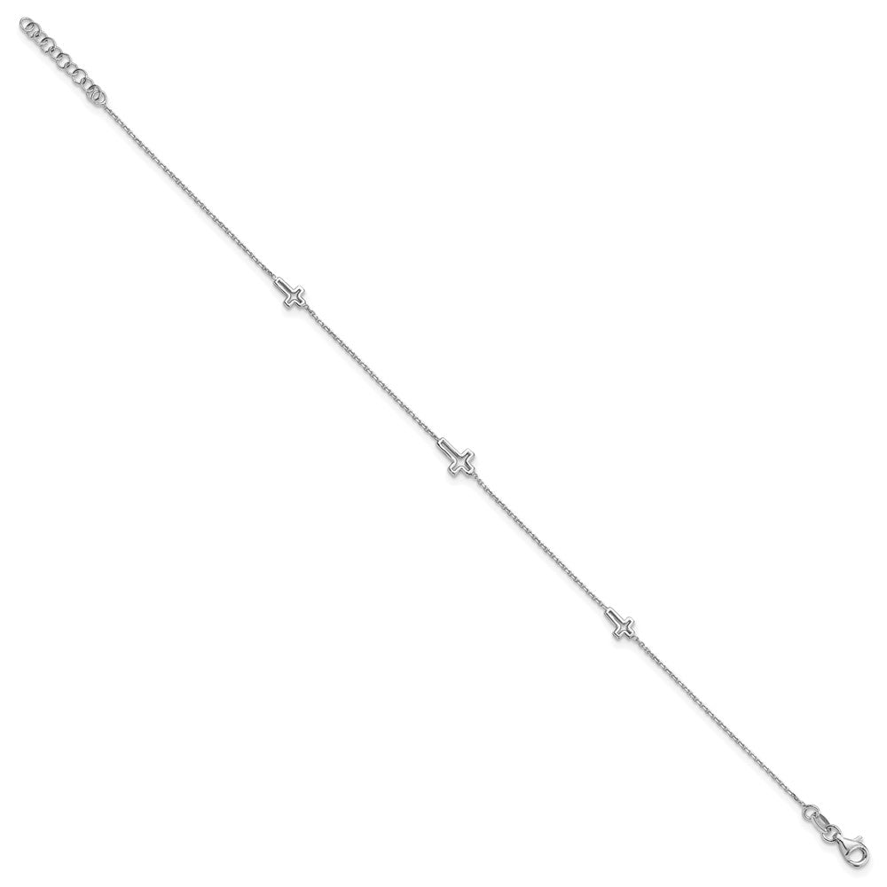 Sterling Silver Rhodium-plated Open Cross 9 inch Plus 1 inch Extender - Total 10 inch Anklet
