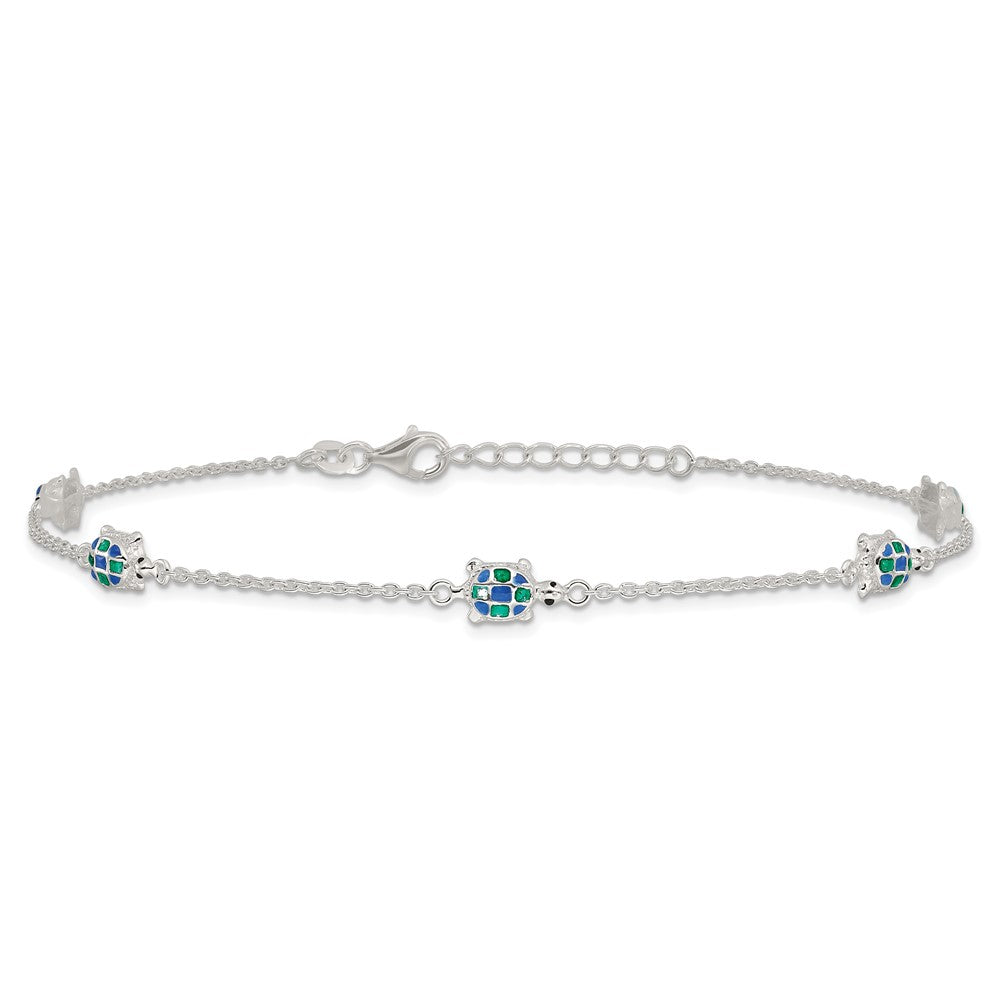 Sterling Silver Enamel Turtle 5-Station 10 inch Plus 1 inch Extender - Total 11 inch Anklet