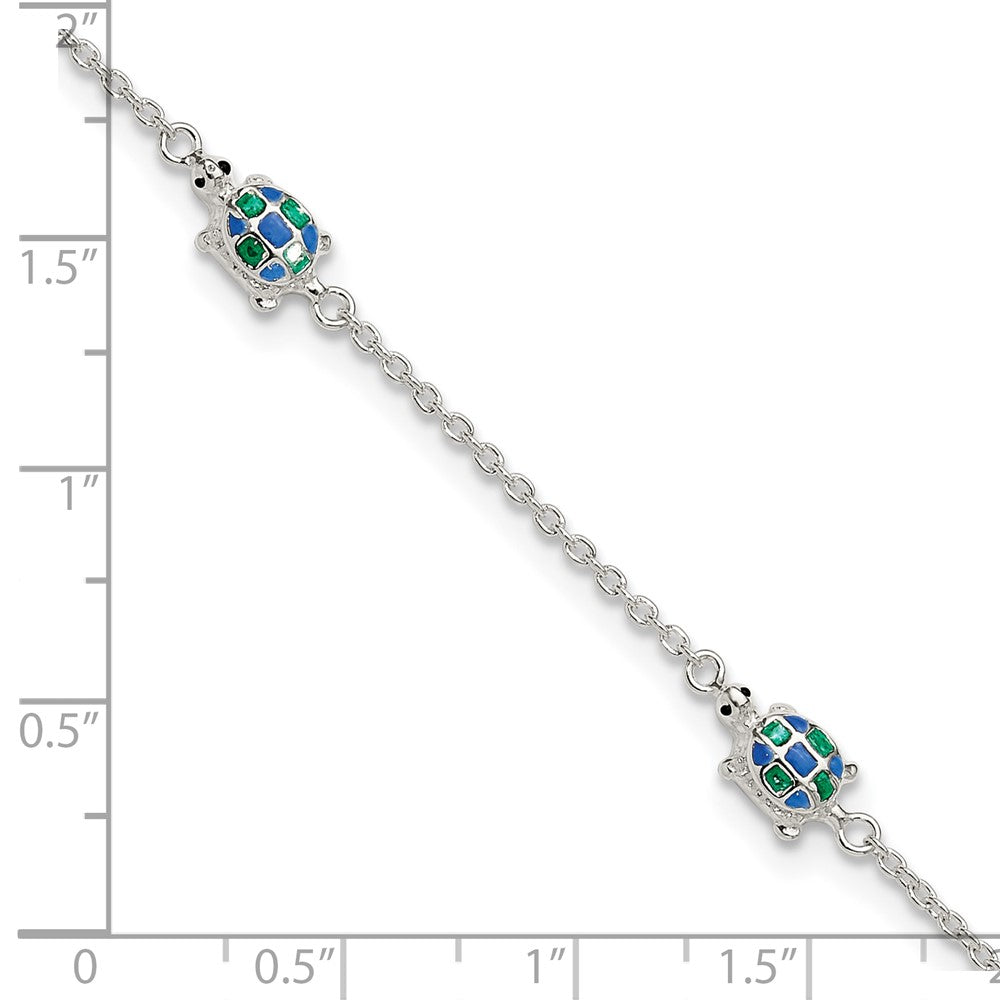 Sterling Silver Enamel Turtle 5-Station 10 inch Plus 1 inch Extender - Total 11 inch Anklet