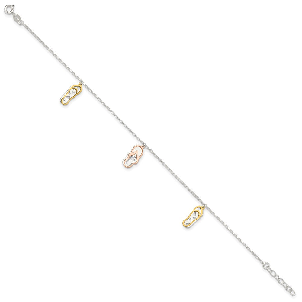 Sterling Silver Rose-tone and Gold-Tone Flip Flops 9 inch Plus 1 inch Extender - Total 10 inch Anklet
