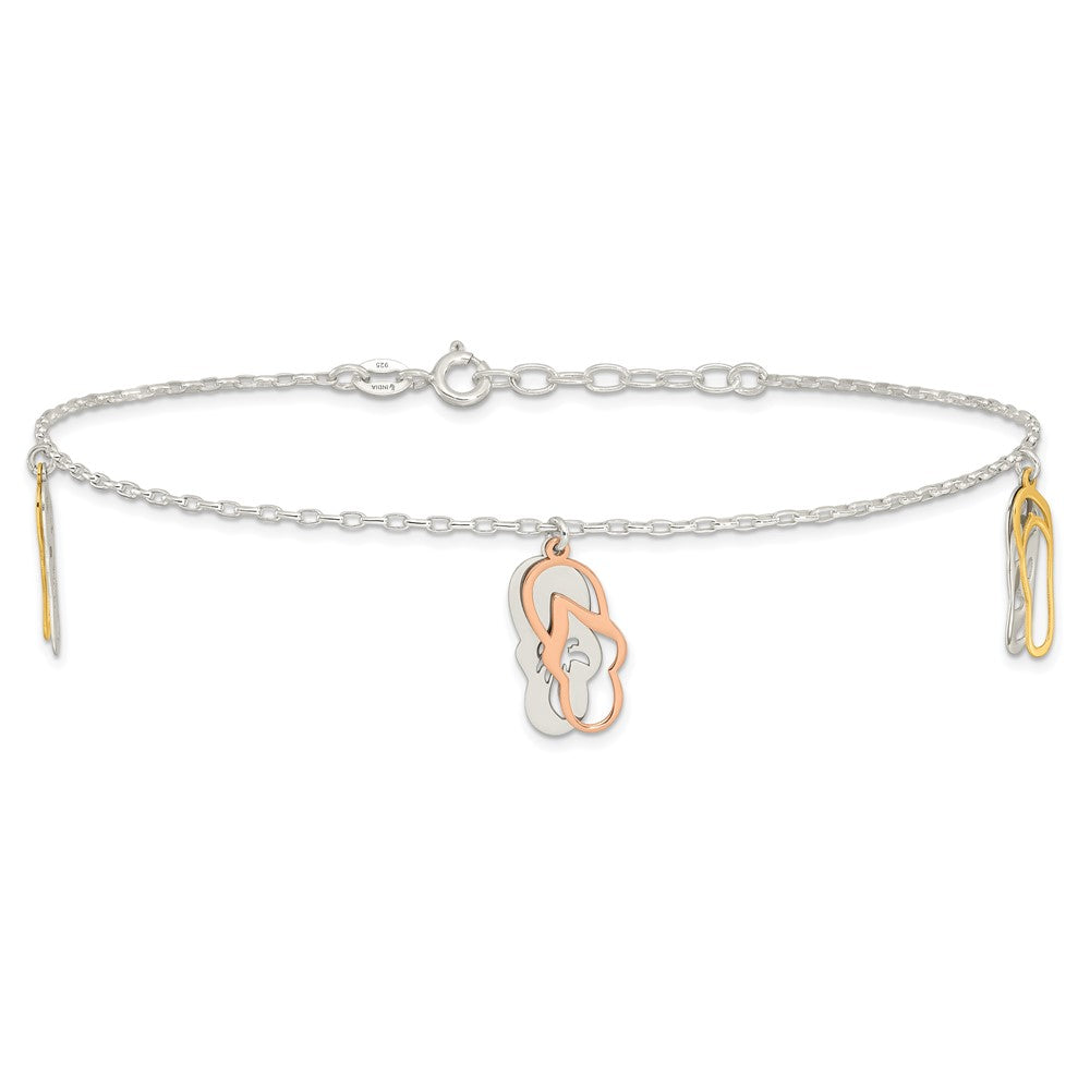 Sterling Silver Rose-tone and Gold-Tone Flip Flops 9 inch Plus 1 inch Extender - Total 10 inch Anklet