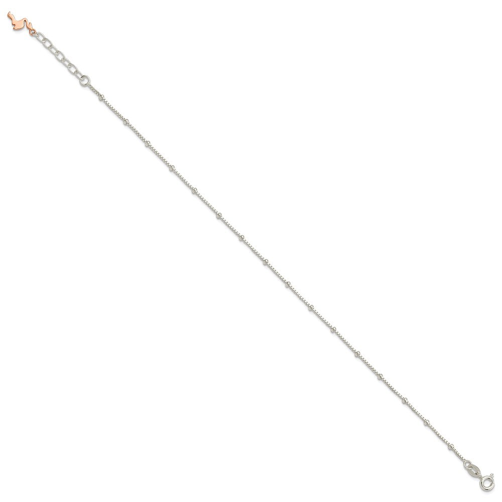 Sterling Silver Rose-Tone Flamingo Dangle 9 inch Plus 1 inch Extender - Total 10 inch Anklet