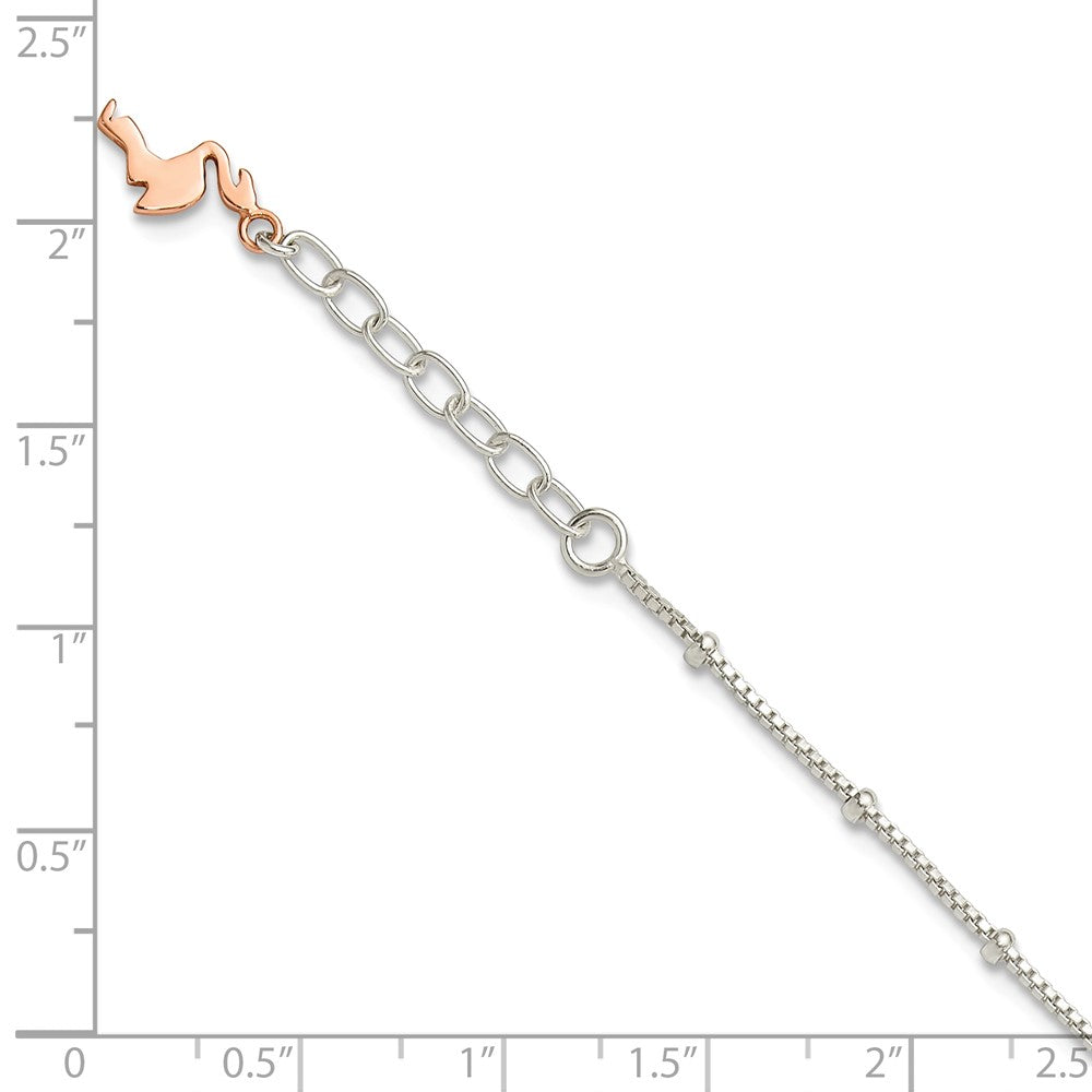 Sterling Silver Rose-Tone Flamingo Dangle 9 inch Plus 1 inch Extender - Total 10 inch Anklet