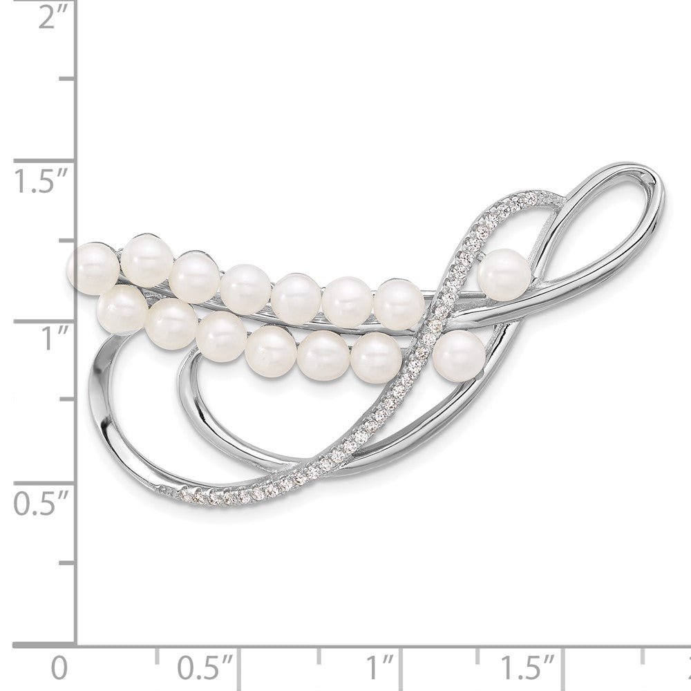 Sterling Silver Rhodium-plated 4-5mm White Round Freshwater Cultured Pearl and CZ Pin