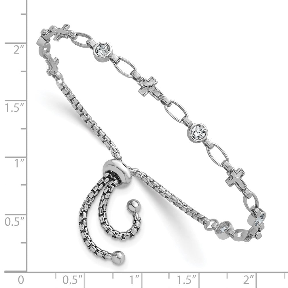 Sterling Silver Rhodium-plated Polished Round CZ and Cross Adjustable Bolo Bracelet