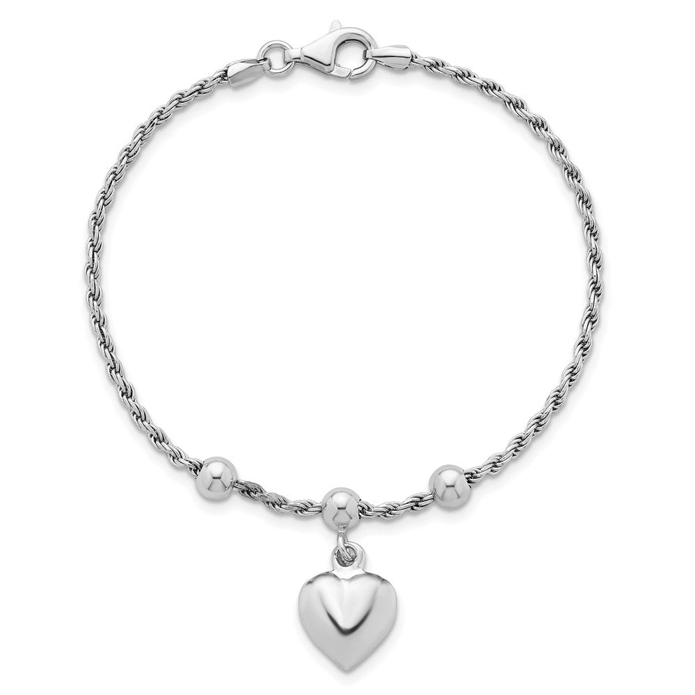 Sterling Silver Rhodium-plated Puffed Heart Dangle and Beads 7 inch Rope Chain Bracelet
