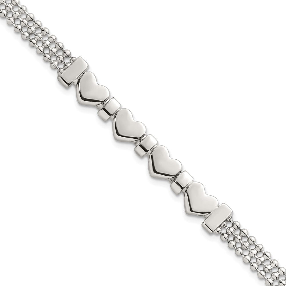 Sterling Silver Polished and Beaded 4-Hearts 7.25 Inch Bracelet