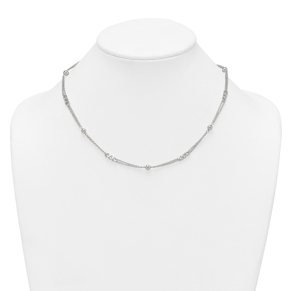 Sterling Silver Polished and Beaded Fancy Double-Strand Link 17.5 inch Necklace