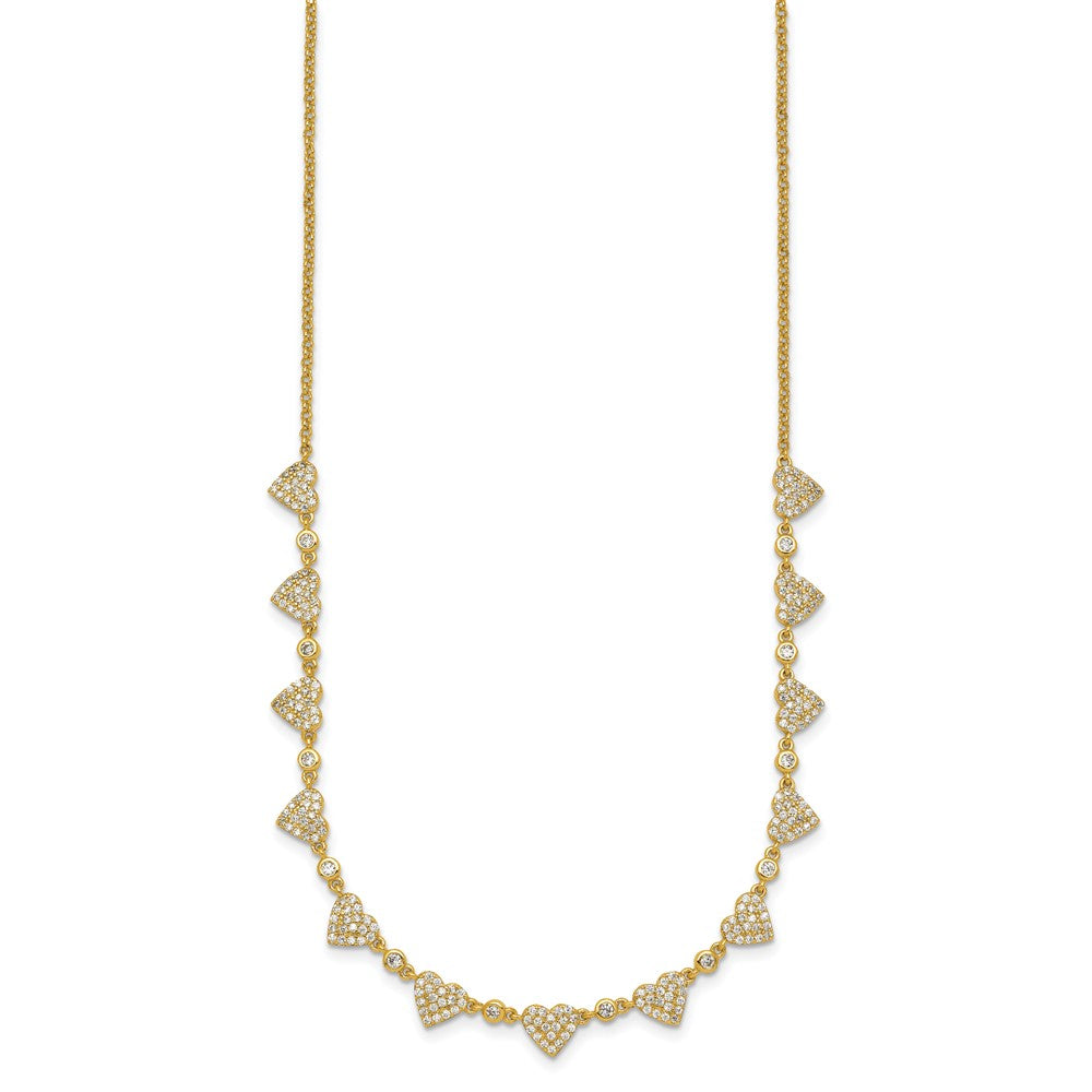 Sterling Silver Gold-tone Polished Pave CZ Hearts 16 Inch with 2 Inch Extension Necklace