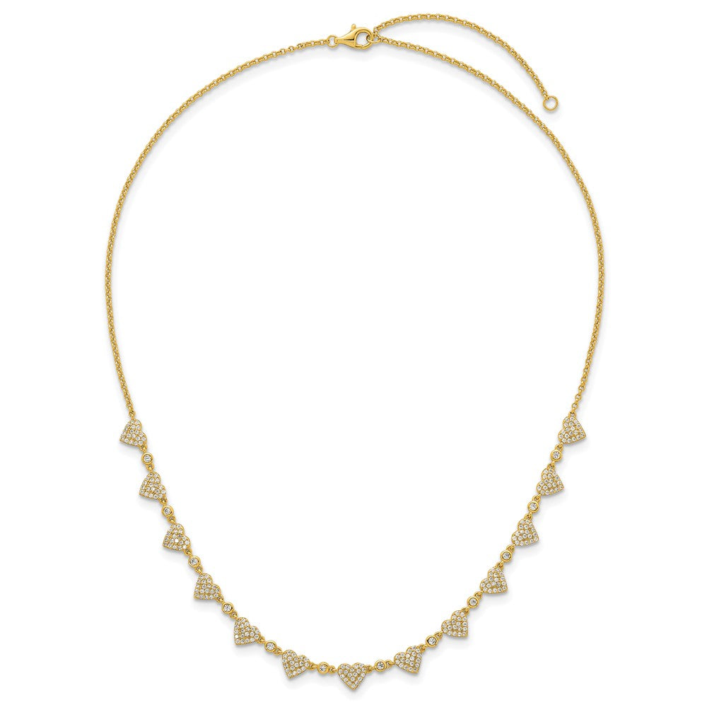 Sterling Silver Gold-tone Polished Pave CZ Hearts 16 Inch with 2 Inch Extension Necklace