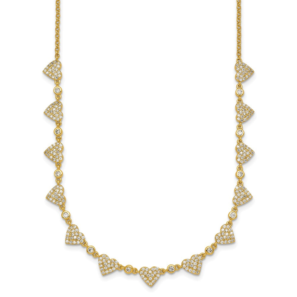 Sterling Silver Gold-tone Polished Pave CZ Hearts 16 Inch with 2 Inch Extension Necklace