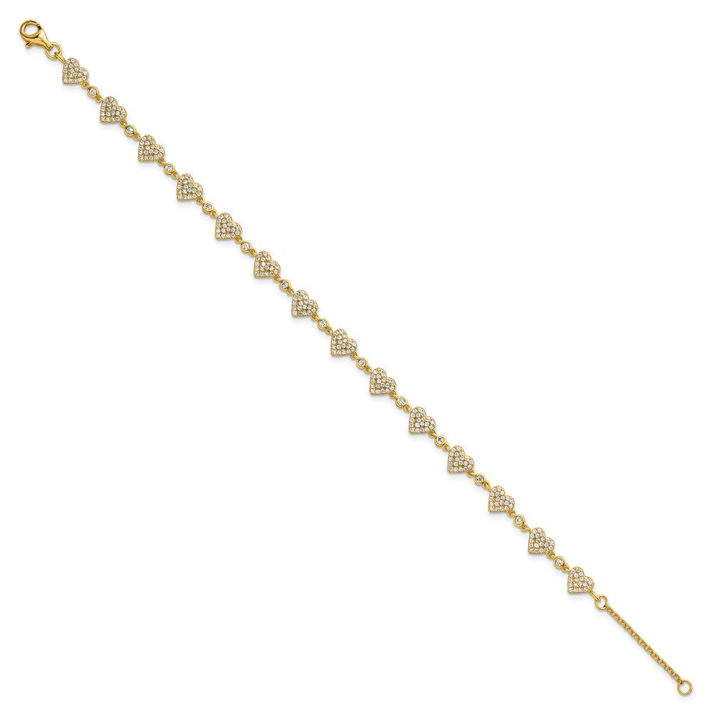 Sterling Silver Gold-tone Polished Pave CZ Hearts 7 Inch with 1 Inch Extension Bracelet