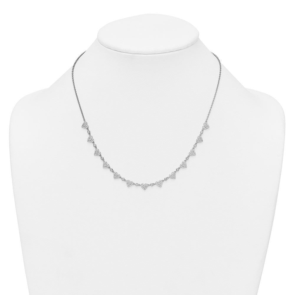 Sterling Silver Rhodium-plated Polished Pave CZ Hearts 16 Inch with 2 Inch Extension Necklace