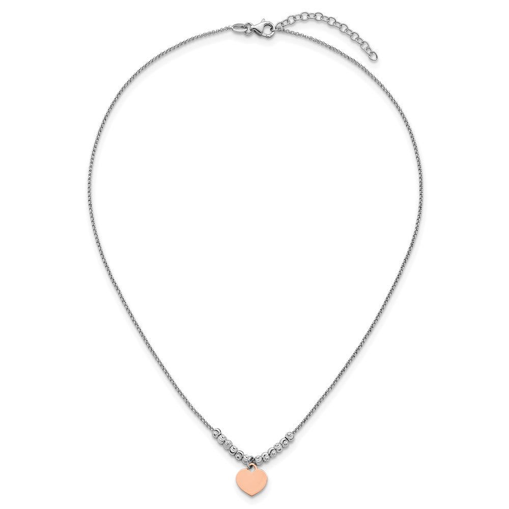 Sterling Silver Rhodium-plated Rose Gold-plated Heart Disc and Textured Beads 16 inch with 1 inch extension Necklace