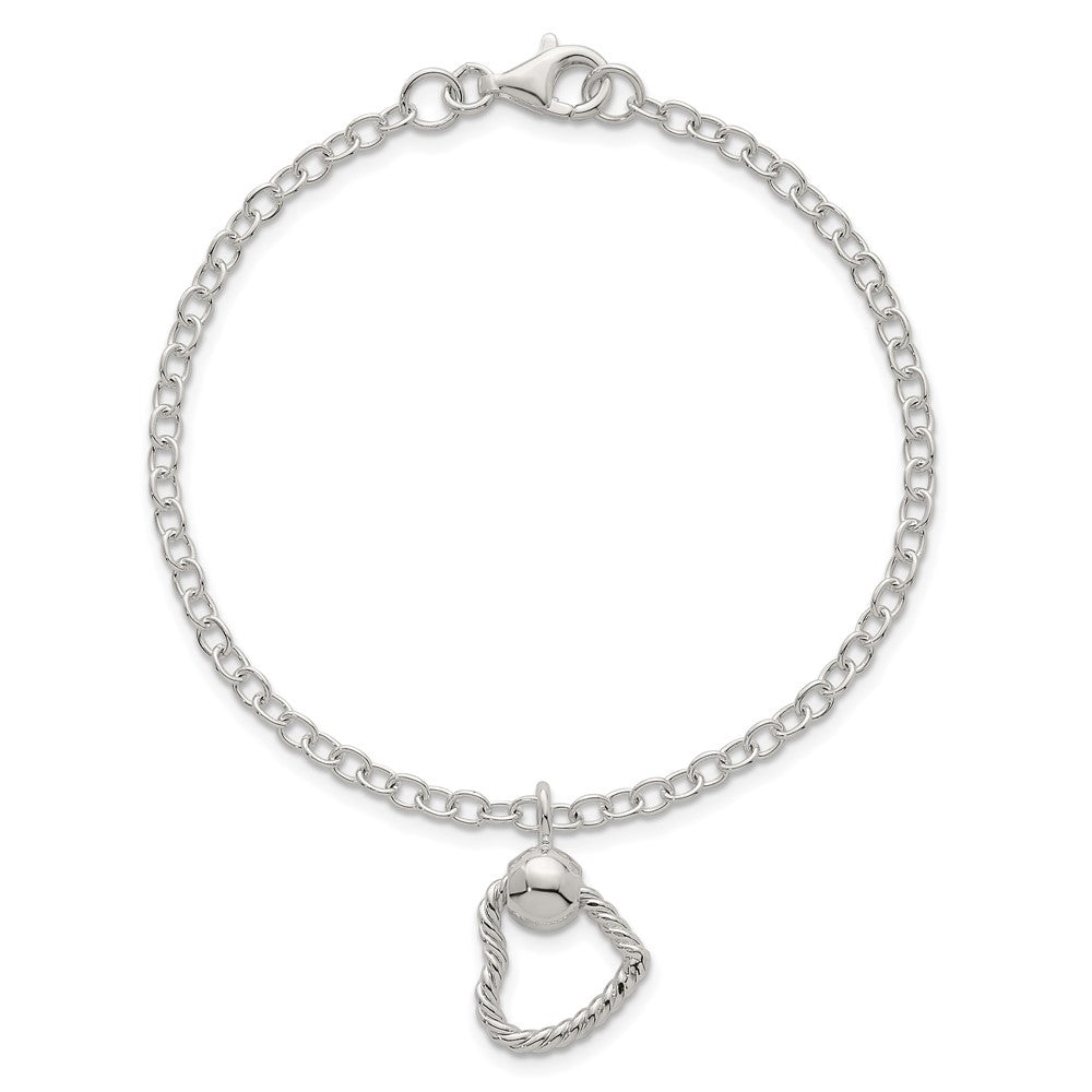 Sterling Silver Polished and Twisted Heart Dangle 7.5 Inch Cable Chain Bracelet