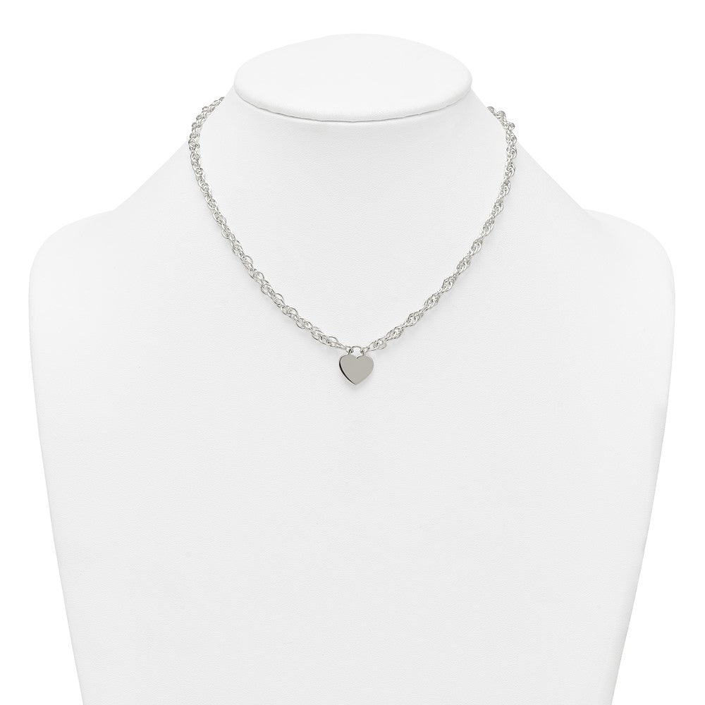 Sterling Silver Polished Fancy Engravable Heart Disc on Rope Chain 16 Inch with 2 Inch Extension Necklace