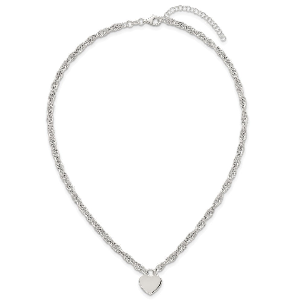 Sterling Silver Polished Fancy Engravable Heart Disc on Rope Chain 16 Inch with 2 Inch Extension Necklace