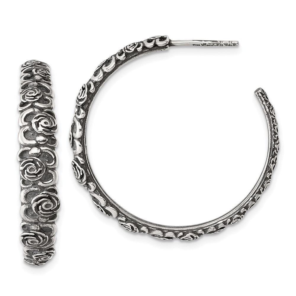 Sterling Silver Antiqued Graduated Floral 5.75 x 32mm C-Hoop Post Earrings