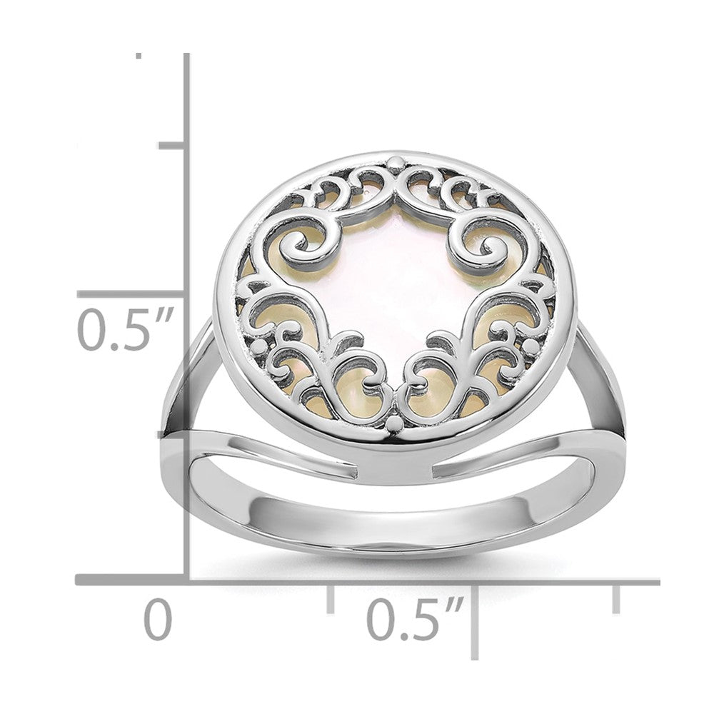 Sterling Silver Rhodium-plated Polished Filigree Mother of Pearl Filigree Circle Size 7 Ring