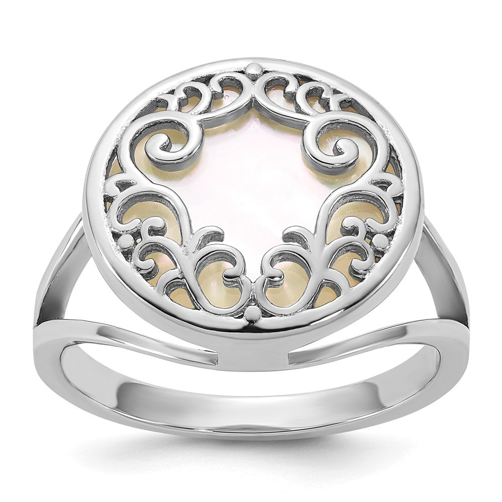 Sterling Silver Rhodium-plated Polished Filigree Mother of Pearl Filigree Circle Size 7 Ring