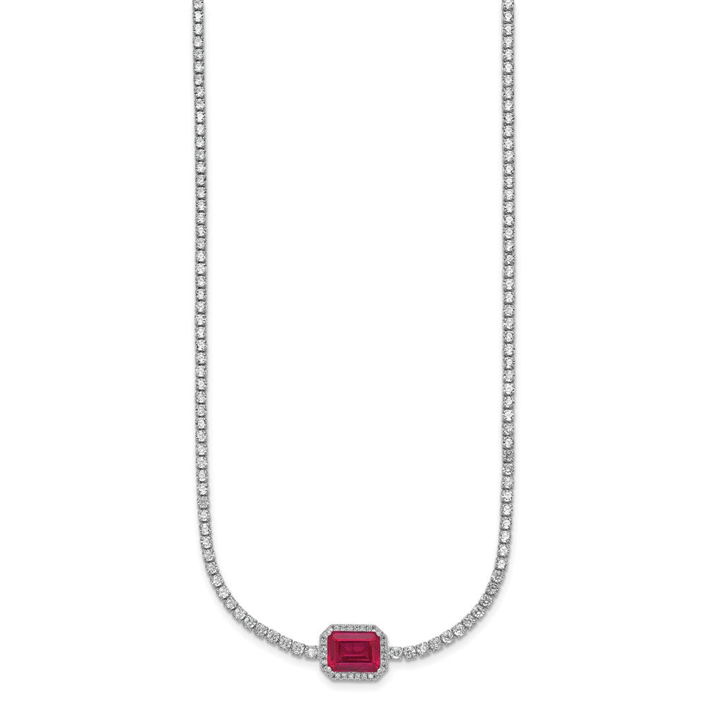 Sterling Silver Rhodium-plated Polished Fancy Emerald-cut Red and White CZ Halo 16 Inch with 2 Inch Extension Necklace