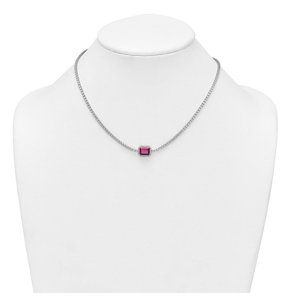 Sterling Silver Rhodium-plated Polished Fancy Emerald-cut Red and White CZ Halo 16 Inch with 2 Inch Extension Necklace