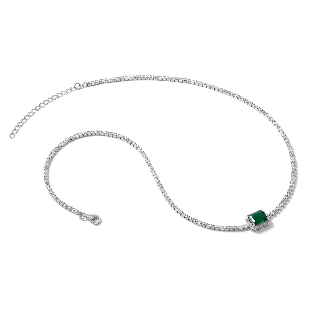 Sterling Silver Rhodium-plated Polished Fancy Emerald-cut Green and White CZ Halo 16 Inch with 2 Inch Extension Necklace