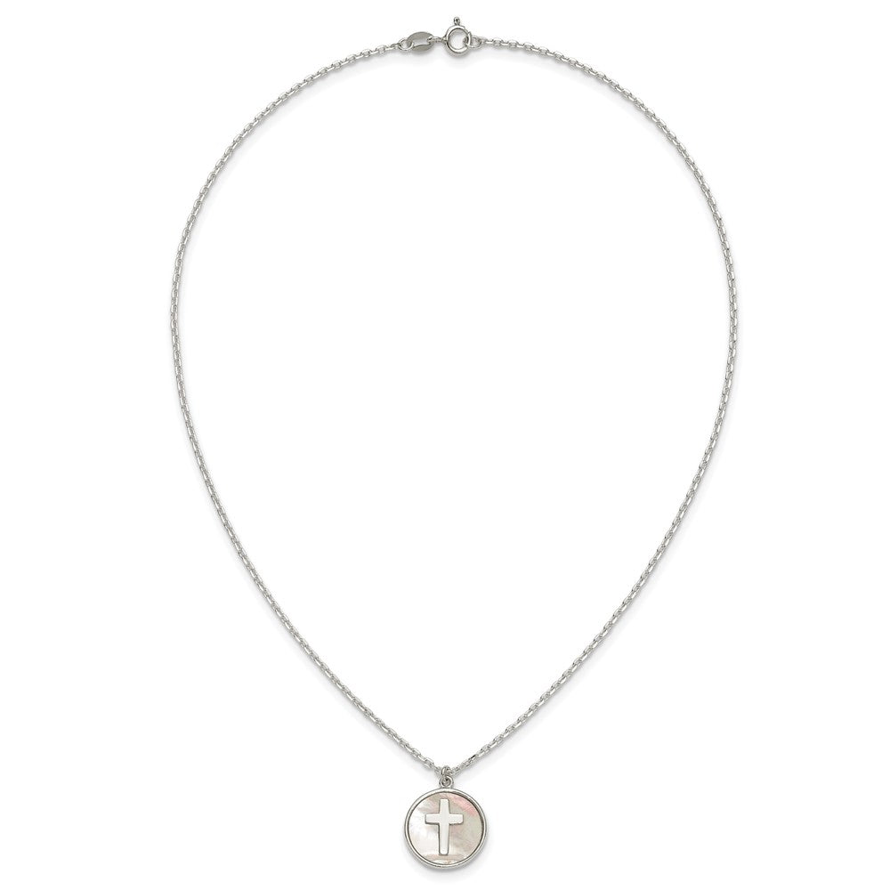 Sterling Silver Polished Mother Of Pearl Circle with Cross 16 inch Necklace